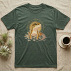 Leopard Gecko Shed T-Shirt in Military Green — Bold vector illustration of a leopard gecko emerging fresh from a shed, lit by a soft warm halo glow.