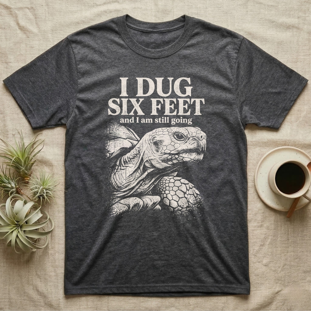 Sulcata Tortoise Dug Six Feet T-Shirt in Dark Heather — One-ink white sulcata tortoise portrait on black under the words I DUG SIX FEET and I am still going.