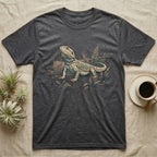 Bearded Dragon Dinosaur T-Shirt in Dark Heather — Faded 90s nature-doc illustration of a bearded dragon posed in profile as a tiny dinosaur specimen on a field plate.