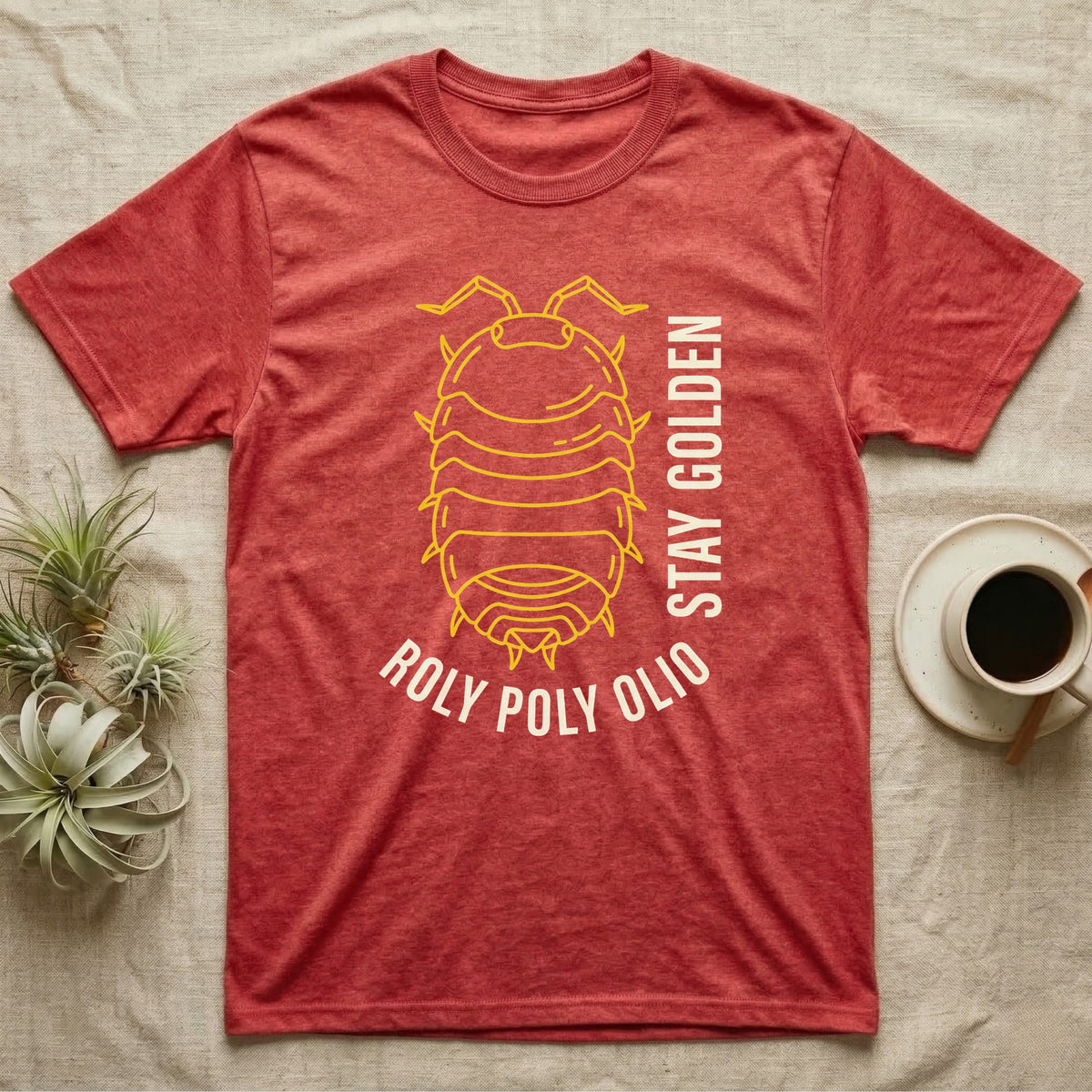 Roly Poly Isopod Stay Golden T-Shirt in Heather Red — Golden outline drawing of a spined roly poly isopod beside vertical cream "Stay Golden" lettering.