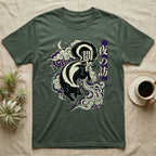 Skunk amidst swirling clouds and Japanese text, on a dark green t-shirt.