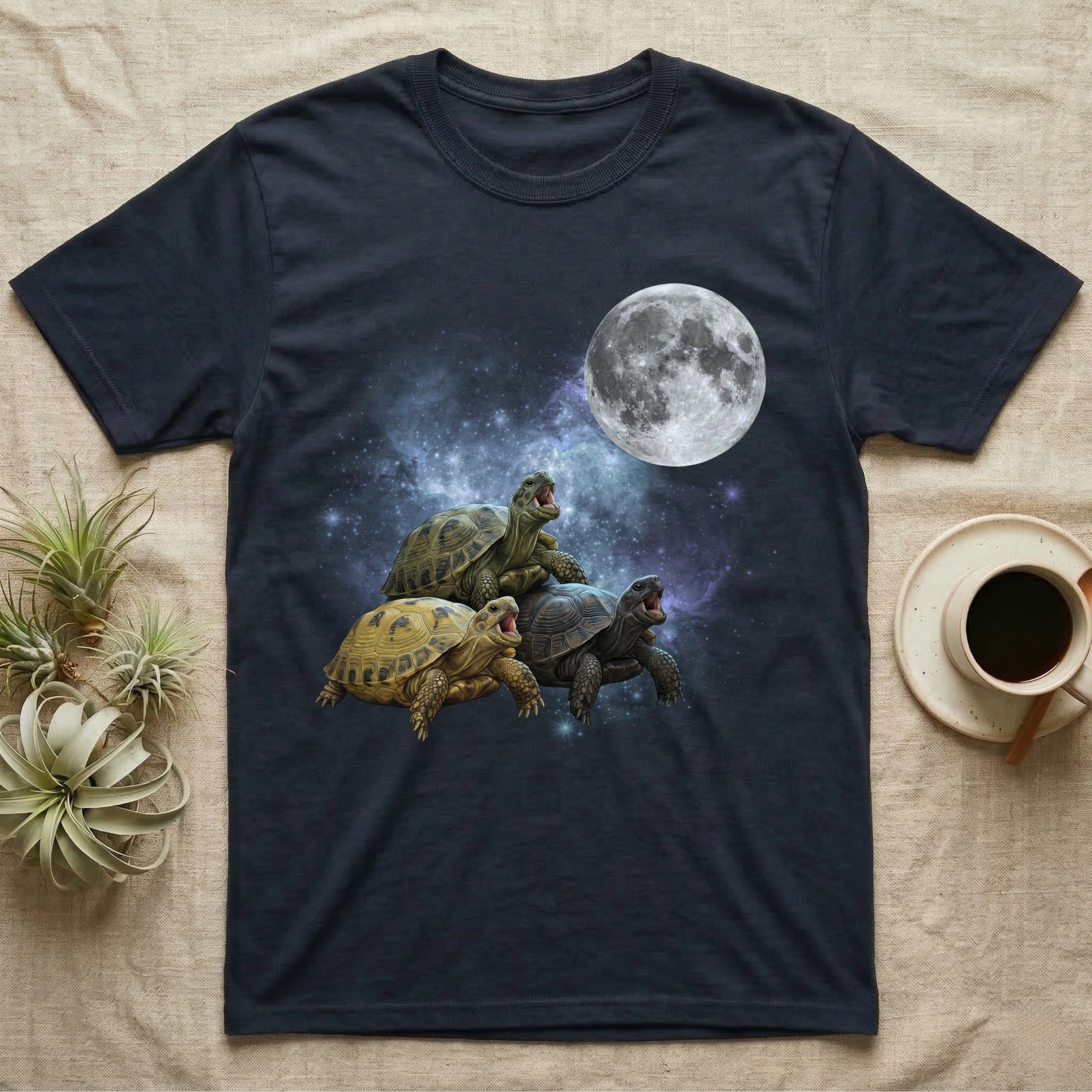 Russian Tortoise Moon Howl T-Shirt in Navy — Three Russian Tortoise colour morphs howling at a full moon over a nebula on a dark grey t-shirt.