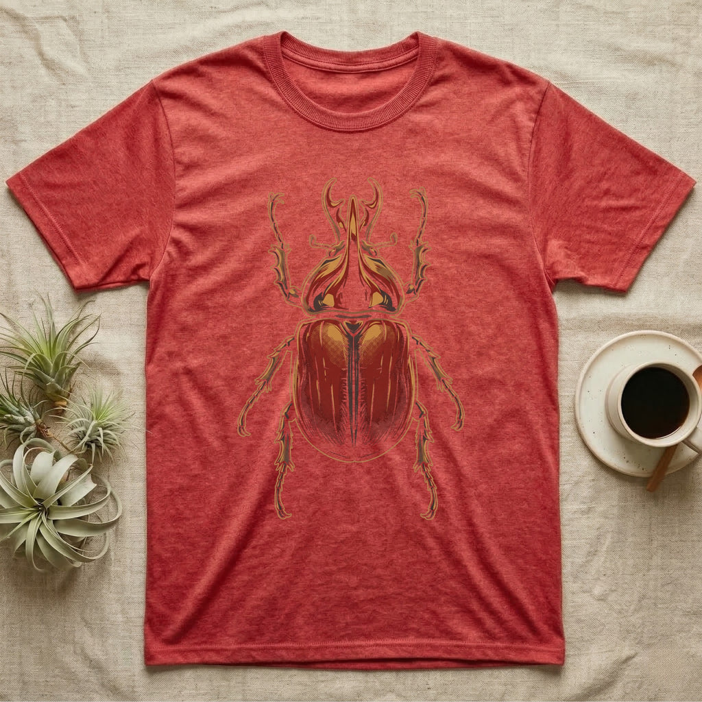Dorsal-view illustration of a rhinoceros beetle with a forked amber horn and rust-red elytra in bold vintage comic ink line and halftone shading, no on-shirt text. — shown on a Heather Red tee.