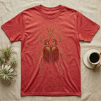 Dorsal-view illustration of a rhinoceros beetle with a forked amber horn and rust-red elytra in bold vintage comic ink line and halftone shading, no on-shirt text. — shown on a Heather Red tee.