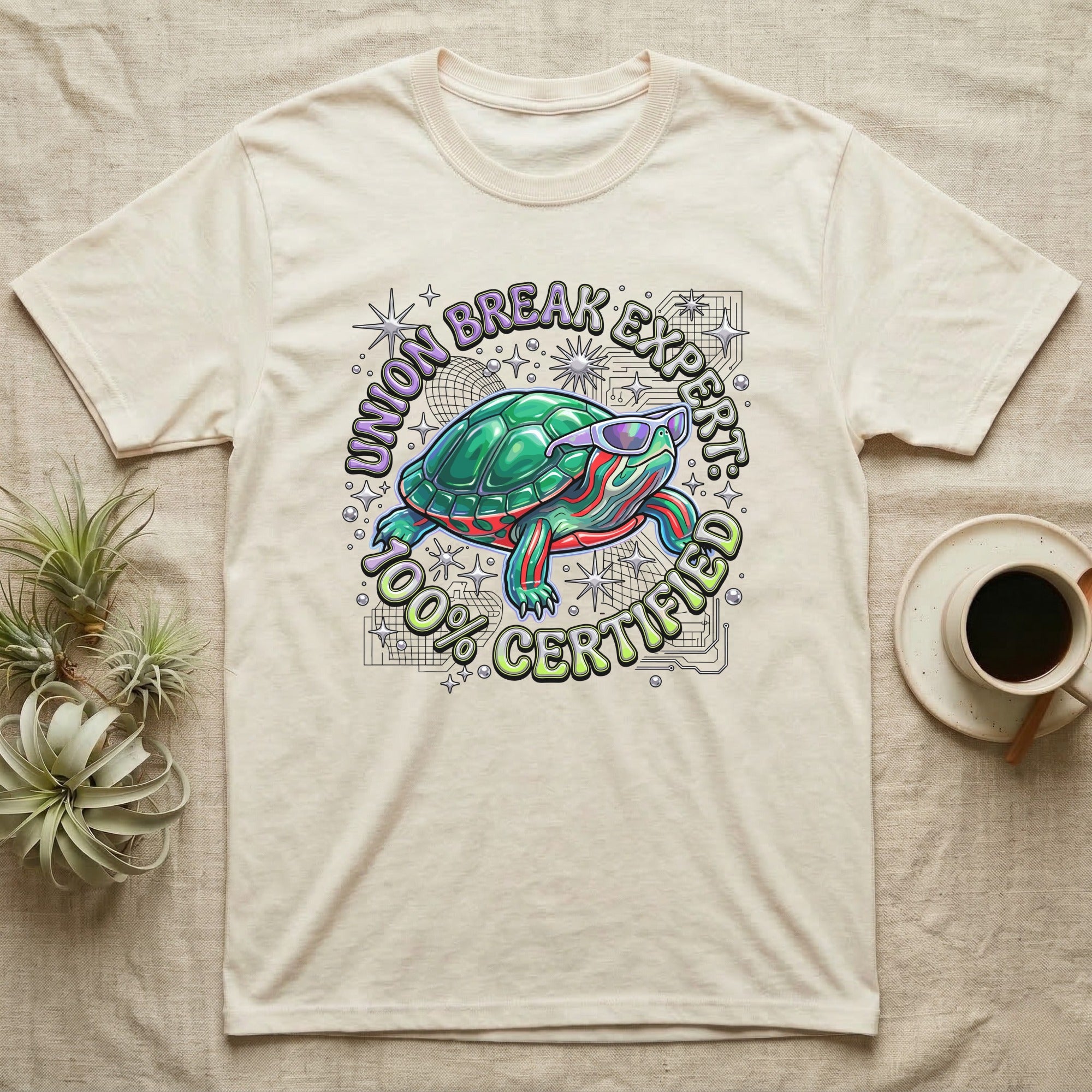 Red-Eared Slider Union Break T-Shirt in Natural — Y2K cartoon red-eared slider turtle in sunglasses with chrome "Union Break Expert 100% Certified" lettering.