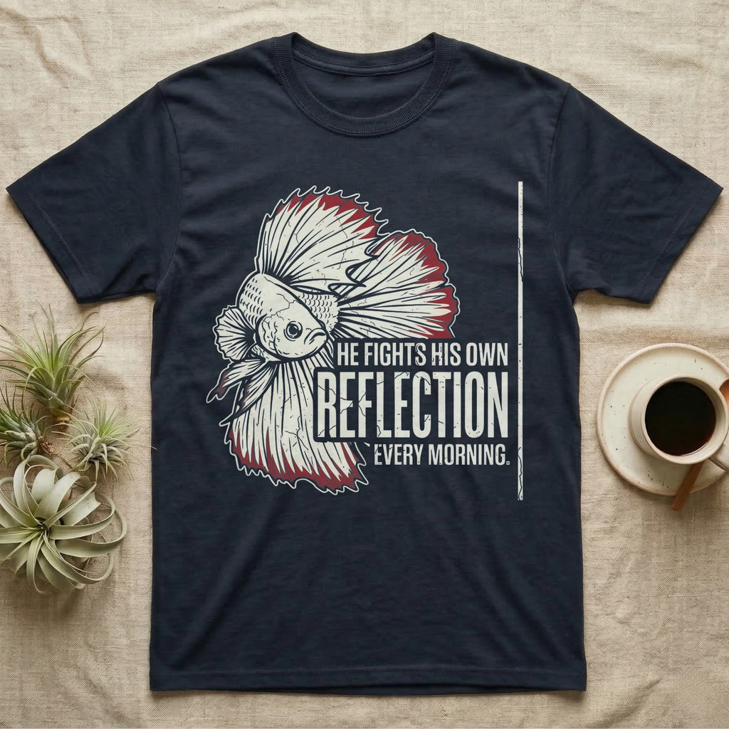 Betta Fights His Reflection T-Shirt in Navy — Grunge-distressed betta in full flare display with red fin accents and type "He Fights His Own Reflection Every Morning."