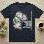 Betta Fights His Reflection T-Shirt in Navy — Grunge-distressed betta in full flare display with red fin accents and type "He Fights His Own Reflection Every Morning."
