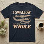 Corn Snake Lump T-Shirt in Navy — Cream scale-mosaic corn snake on black with an oval bulge behind its neck under cream words: I SWALLOW my feelings WHOLE
