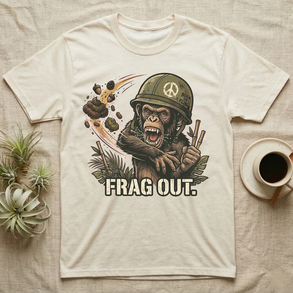 Chimpanzee in helmet with peace sign, throwing poop, holding bamboo, "Frag Out."