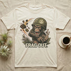 Chimpanzee in helmet with peace sign, throwing poop, holding bamboo, "Frag Out."
