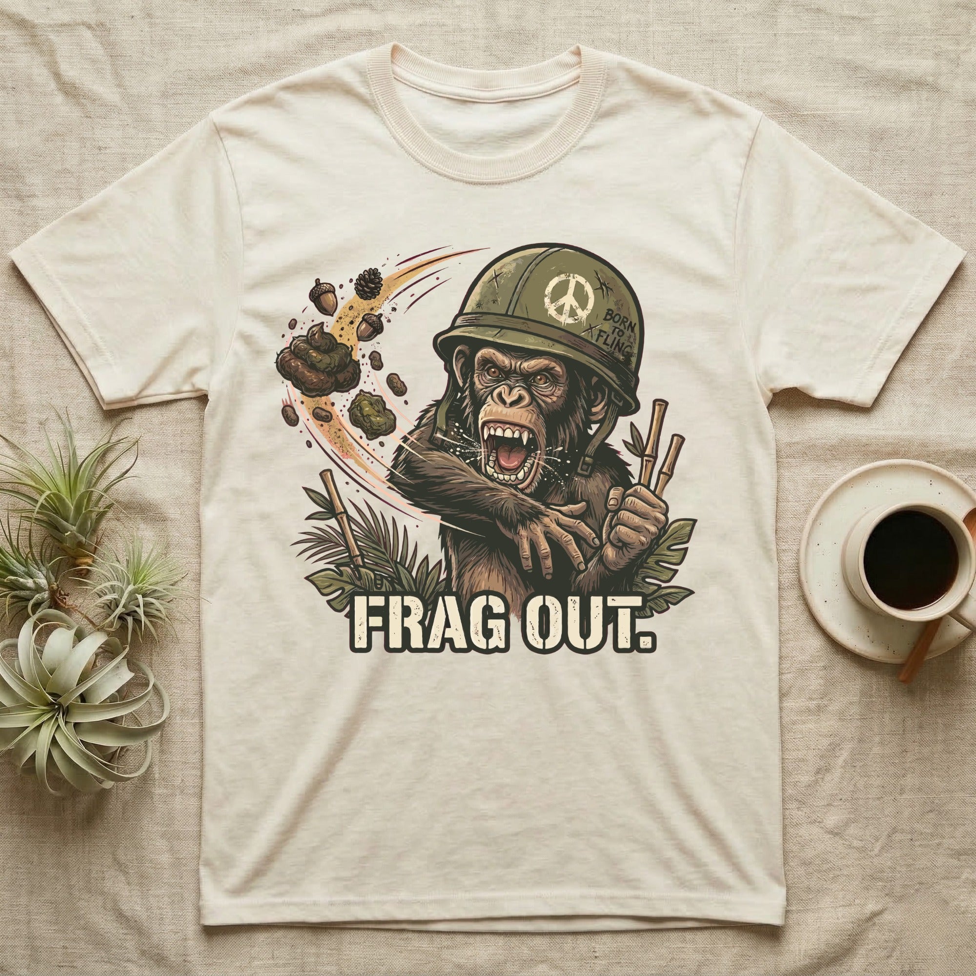 Chimpanzee in helmet with peace sign, throwing poop, holding bamboo, "Frag Out."