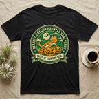 Bearded Dragon Haunted Sanctuary T-Shirt in Black — Vintage badge of a bearded dragon on glowing pumpkins under a moon, "Bearded Dragon Haunted Sanctuary."