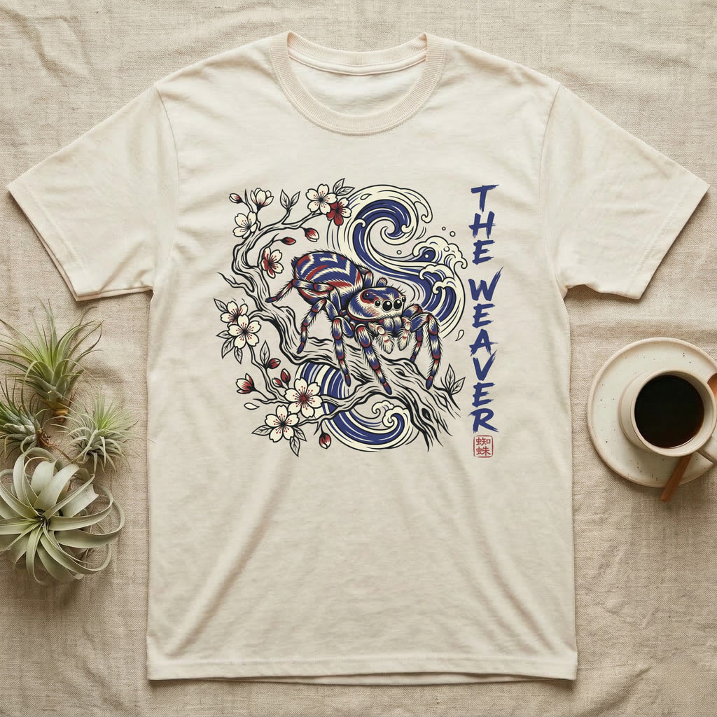 Cream t-shirt with a spider, branches, and waves design.