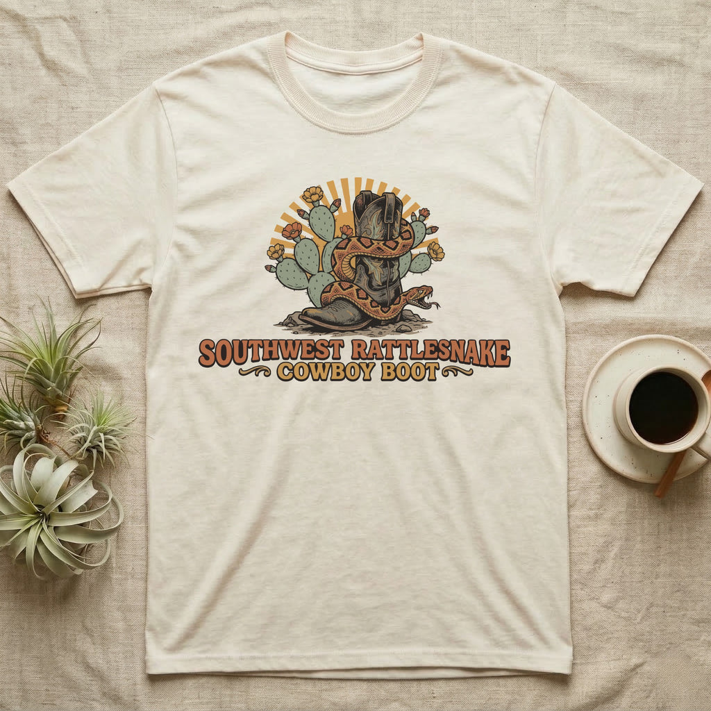 T-shirt with cowboy boot, snake, cacti, and sun graphic.