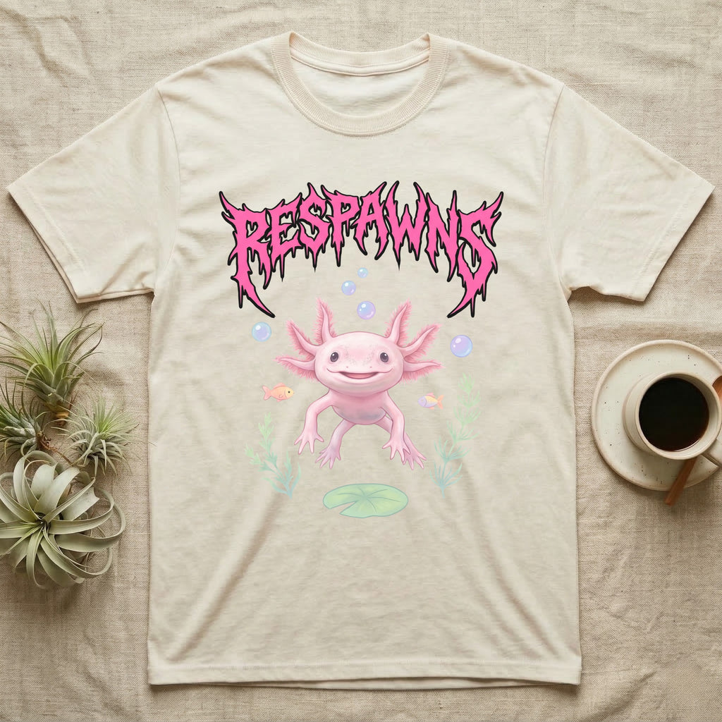 Axolotl Feral T-Shirt in Natural — Smiling pink axolotl floating in a pastel underwater scene under a spiky hot-pink metal wordmark reading RESPAWNS.