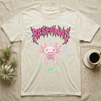 Axolotl Feral T-Shirt in Natural — Smiling pink axolotl floating in a pastel underwater scene under a spiky hot-pink metal wordmark reading RESPAWNS.