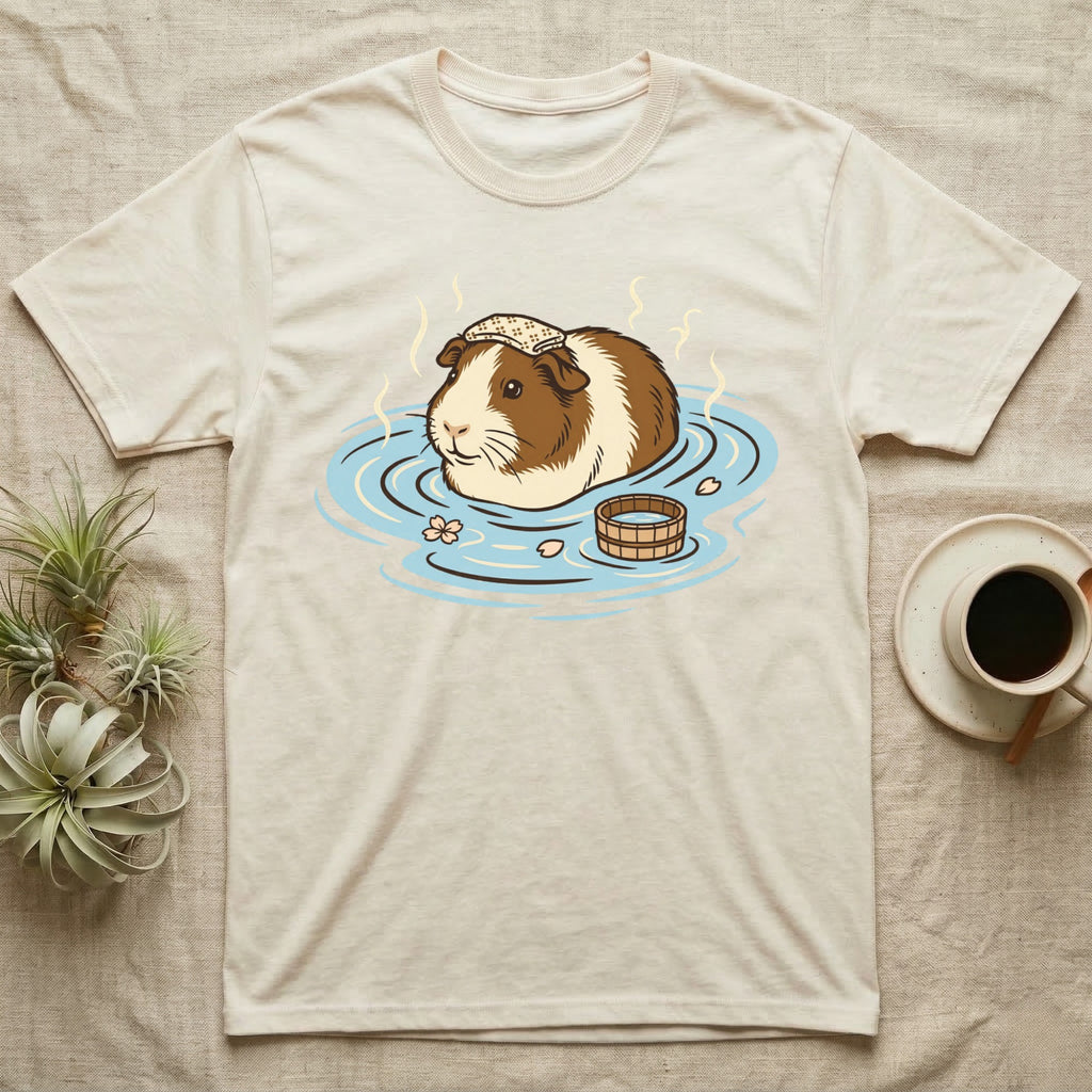 Guinea pig wearing a hat relaxes in a steaming hot spring bath.