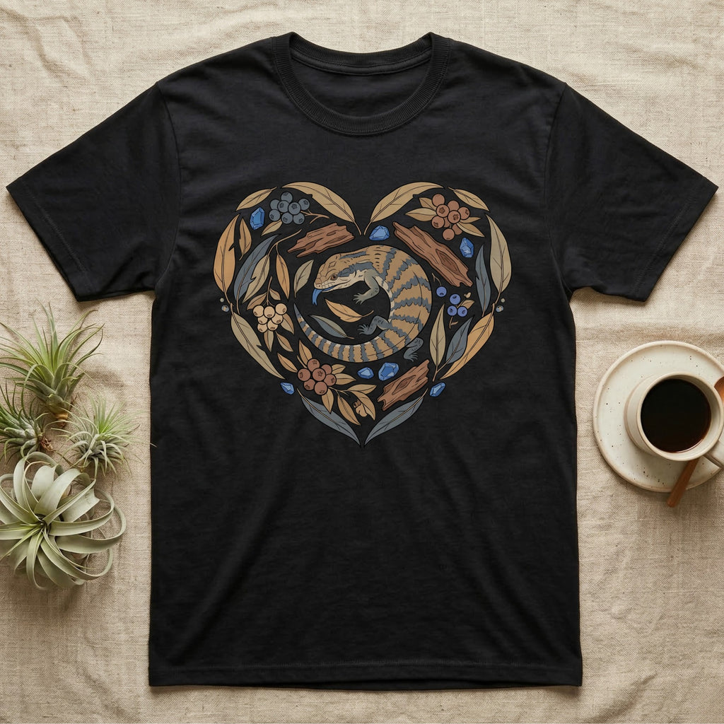 Black t-shirt with a heart-shaped floral design featuring a lizard.
