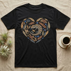 Black t-shirt with a heart-shaped floral design featuring a lizard.