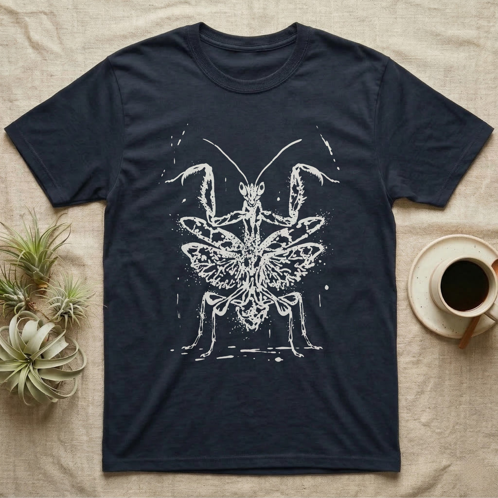 Orchid Mantis Threat Display T-Shirt in Navy — Bleach-spatter stencil illustration of an orchid mantis reared square-on into a full threat display.