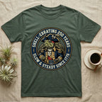 Sea Turtle General T-Shirt in Military Green — Circular crest of a sea turtle dressed as a Continental general with text Shell-Ebrating 250 Years.