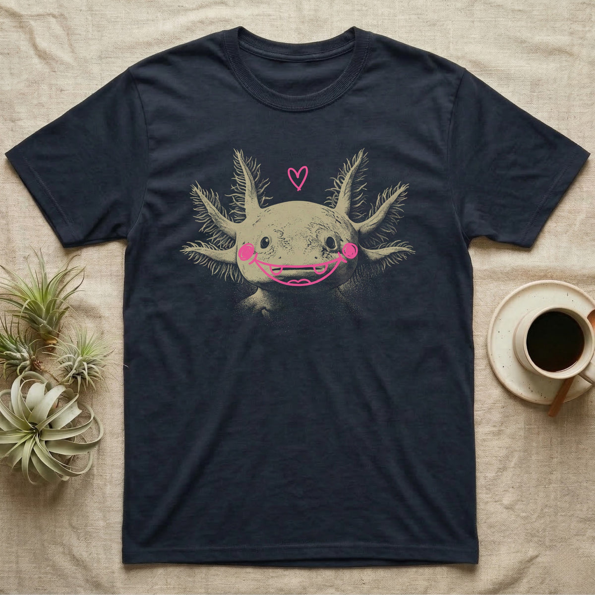 Axolotl Cute Doodle T-Shirt in Navy — An axolotl's face with a pink marker grin, blush circles and a heart drawn on the glass.