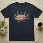 Axolotl Cute Doodle T-Shirt in Navy — An axolotl's face with a pink marker grin, blush circles and a heart drawn on the glass.