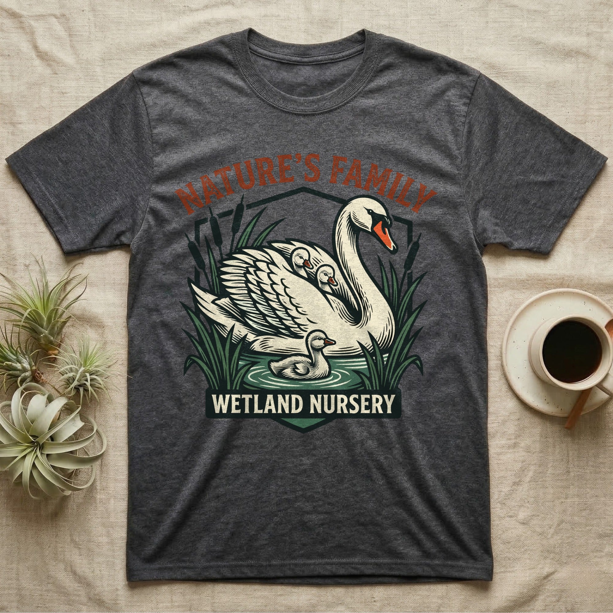 Dark grey t-shirt featuring a swan family in a wetland with "NATURE'S FAMILY" and "WETLAND NURSERY" text.