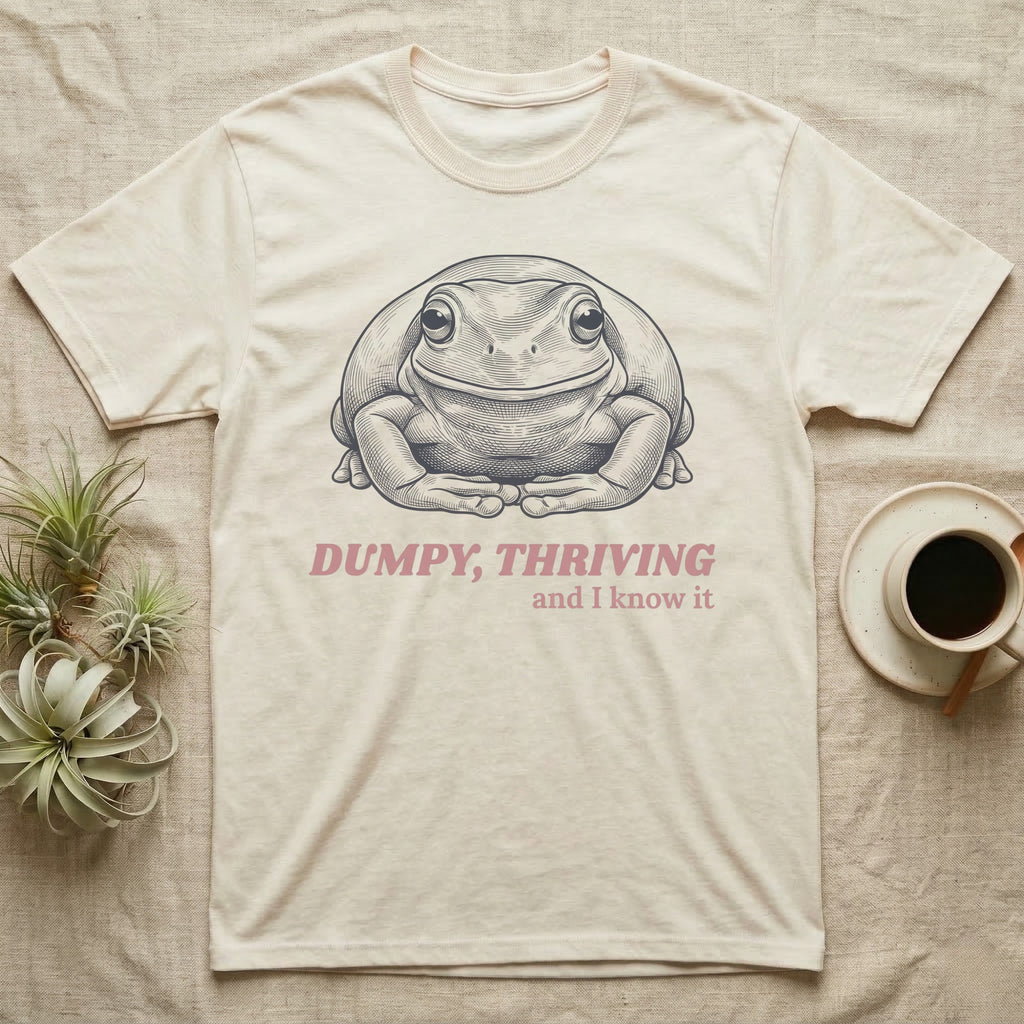 Dumpy Tree Frog T-Shirt in Natural — Engraved White's tree frog sitting square-on in a flat, tucked loaf pose under large retro lettering reading DUMPY, THRIVING, and I know it.