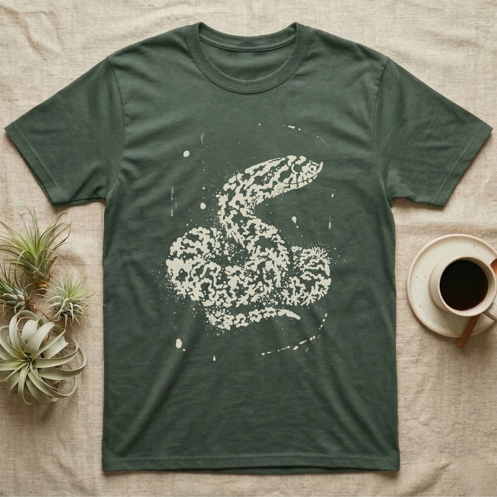 Hognose Bleach Spatter T-Shirt in Military Green — A western hognose snake formed from pale bleach spatter on a near-black ground, head turned to show its upturned snout.