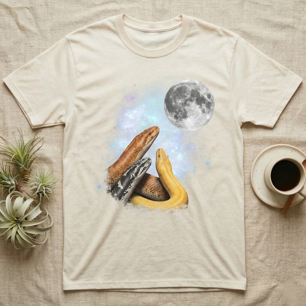 Kenyan Sand Boa Moon Howl T-Shirt in Natural — Three Kenyan Sand Boa colour morphs howling at a full moon over a nebula on a dark grey t-shirt.