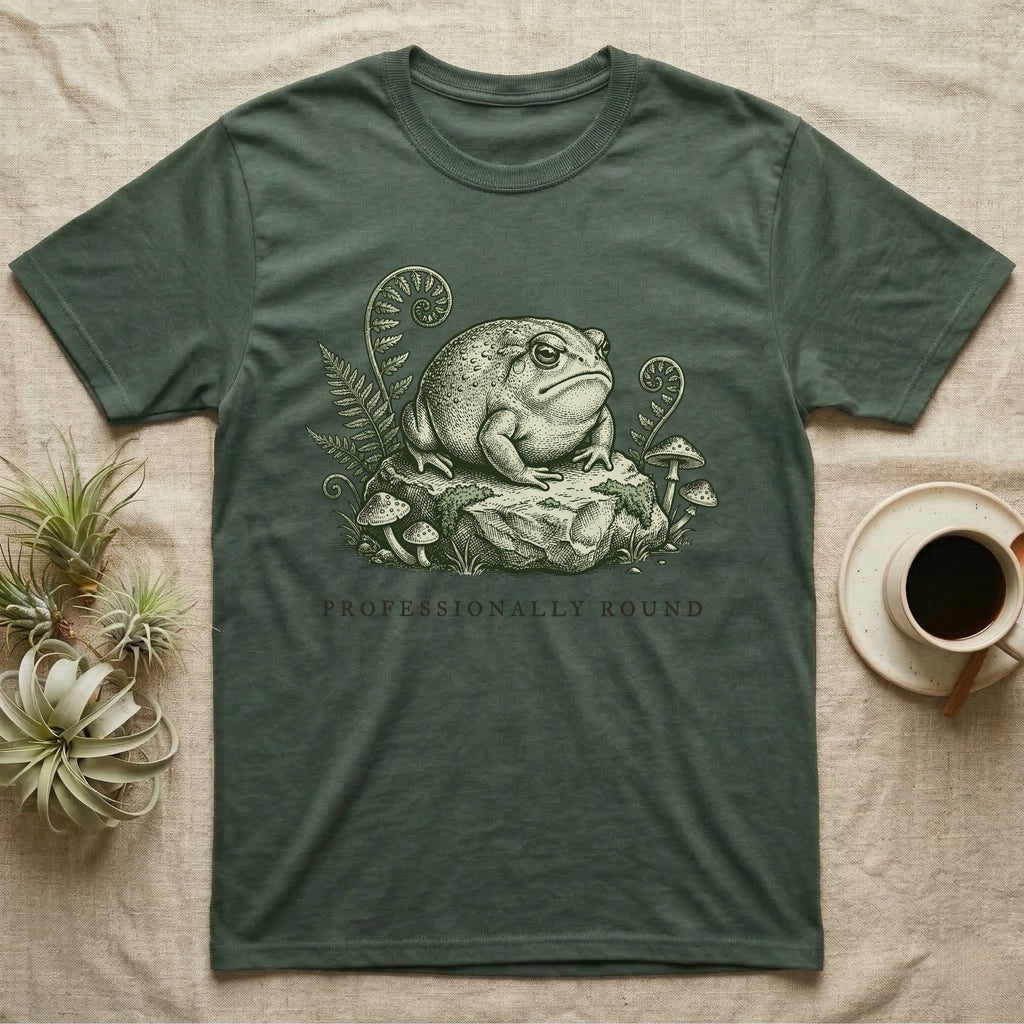 Green t-shirt featuring a toad and mushrooms graphic, "Professionally Round" text below.