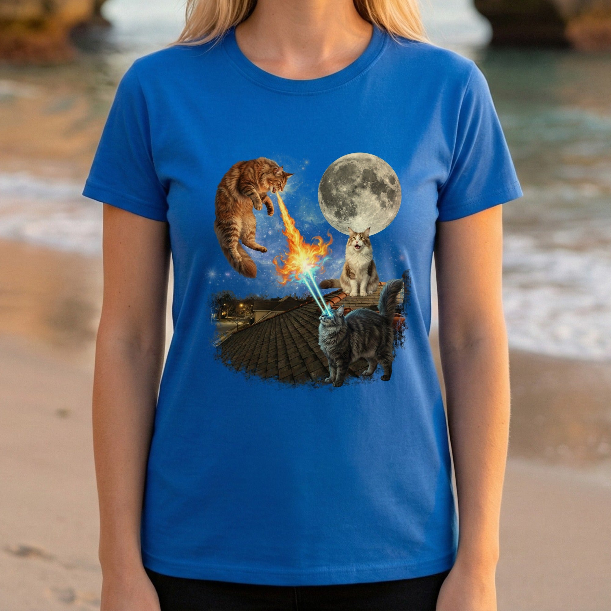 Moonlit Cats with Laser Eyes Fighting Graphic Tee