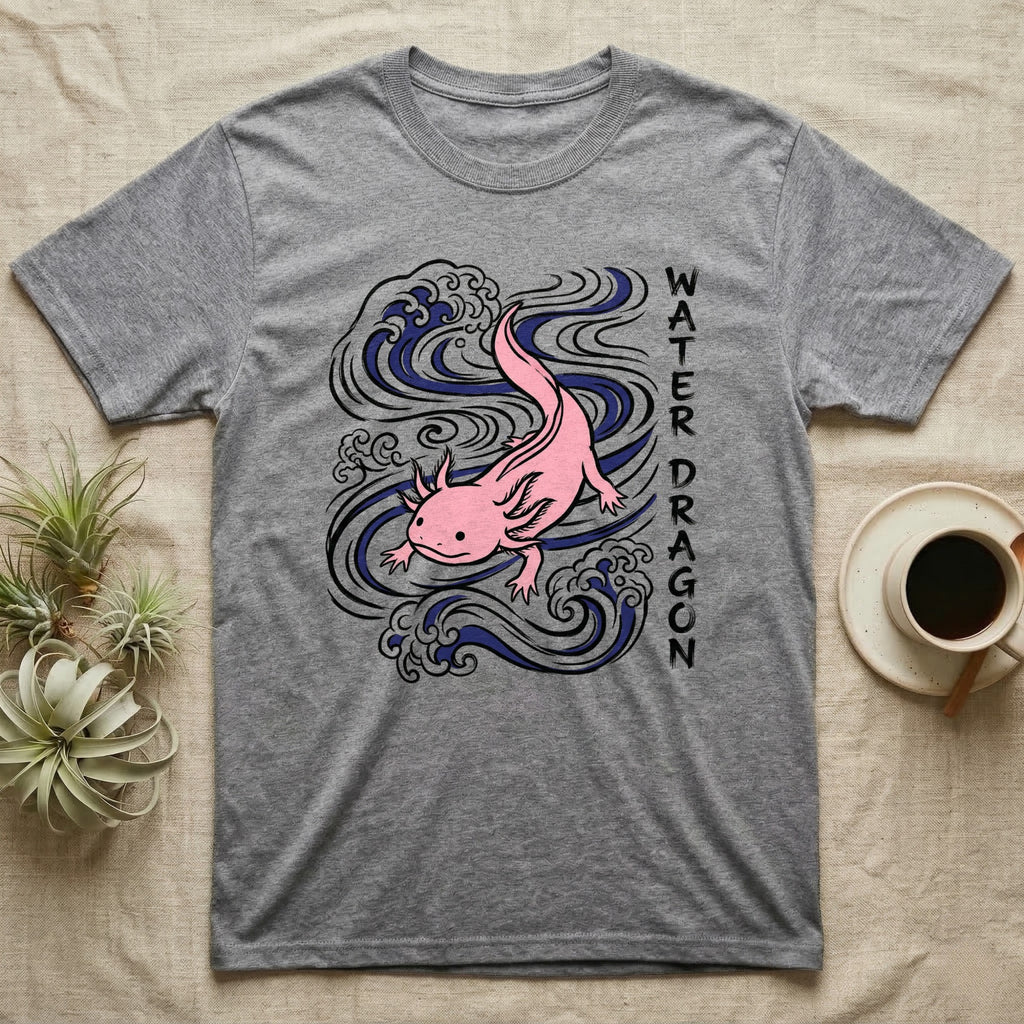 Grey t-shirt with pink axolotl and blue water waves graphic and "WATER DRAGON" text.