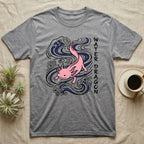 Grey t-shirt with pink axolotl and blue water waves graphic and "WATER DRAGON" text.