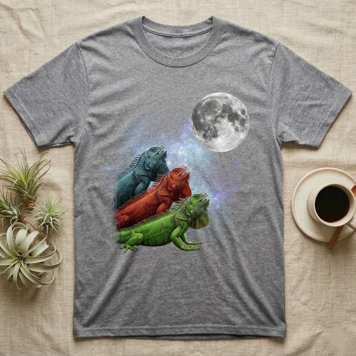 Green Iguana Moon Howl T-Shirt in Sport Grey — Three Green Iguana colour morphs howling at a full moon over a nebula on a dark grey t-shirt.