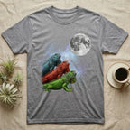 Green Iguana Moon Howl T-Shirt in Sport Grey — Three Green Iguana colour morphs howling at a full moon over a nebula on a dark grey t-shirt.