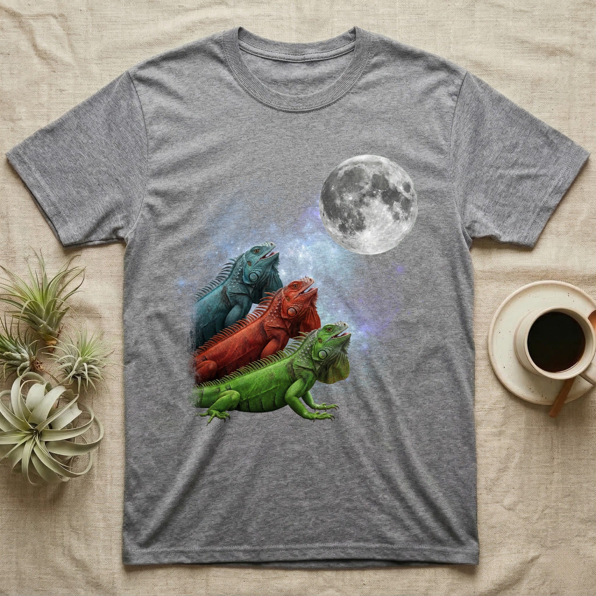 Green Iguana Moon Howl T-Shirt in Sport Grey — Three Green Iguana colour morphs howling at a full moon over a nebula on a dark grey t-shirt.