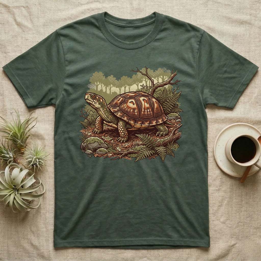 Wild Box Turtle T-Shirt in Military Green — Retro conservation-poster illustration of a box turtle in a woodland habitat slice with ferns and leaf litter.