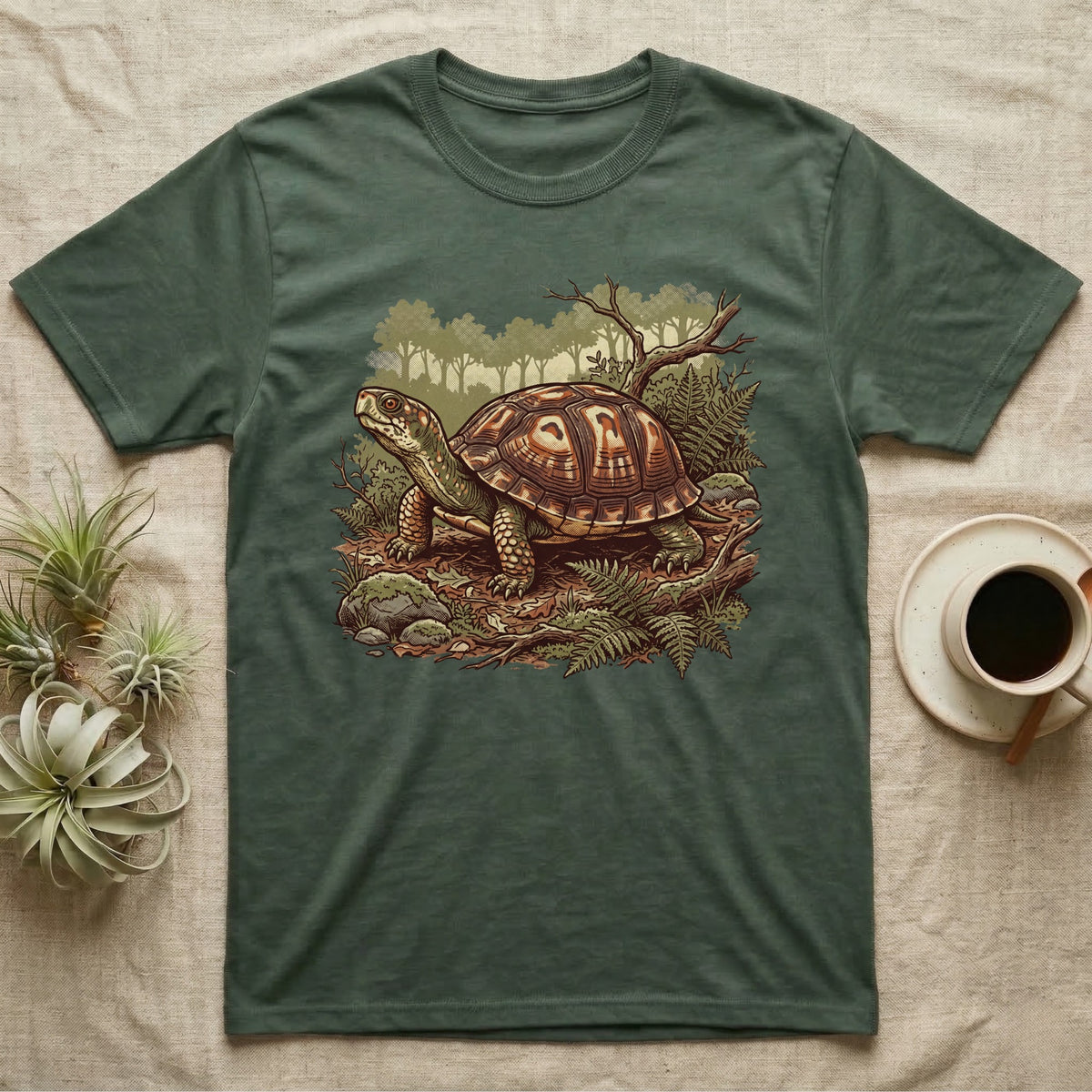 Wild Box Turtle T-Shirt in Military Green — Retro conservation-poster illustration of a box turtle in a woodland habitat slice with ferns and leaf litter.