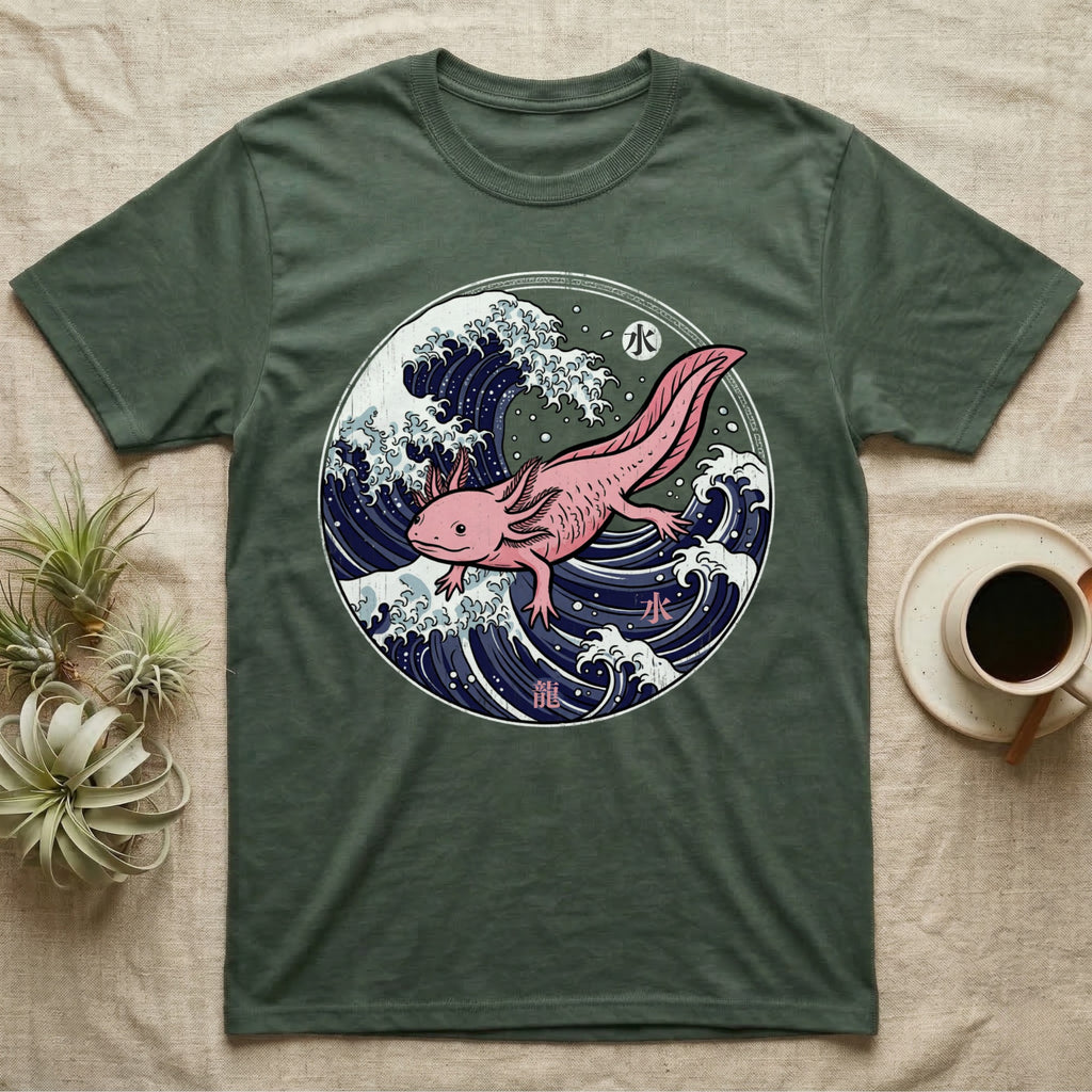 Green t-shirt with pink axolotl in stylized ocean waves with Japanese text.