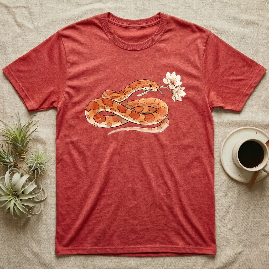 Corn Snake Blossom T-Shirt in Heather Red — Watercolor illustration of an orange-and-cream corn snake holding a magnolia blossom sprig, on a dark grey t-shirt.