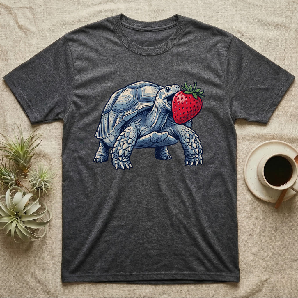 Sulcata Strawberry Tortoise T-Shirt in Dark Heather — Bold vector illustration of a sulcata tortoise lunging neck-first toward an oversized red strawberry, head-on view.
