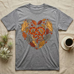 Grey t-shirt with a heart-shaped design of a snake and autumn leaves.