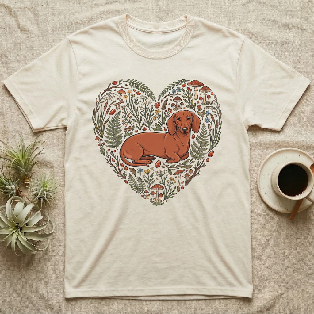 Cream t-shirt with dachshund surrounded by a heart-shaped floral and mushroom design.