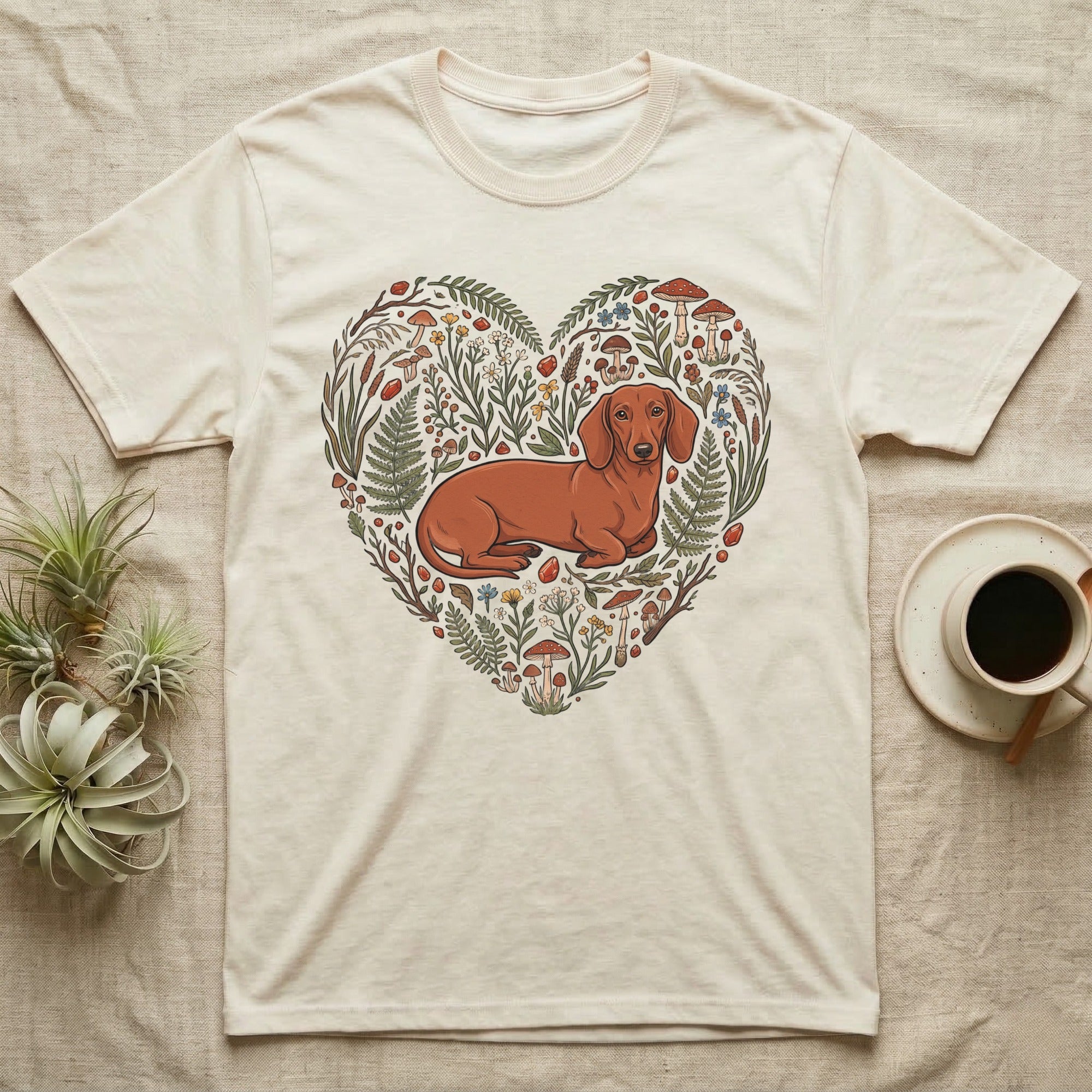 Cream t-shirt with dachshund surrounded by a heart-shaped floral and mushroom design.