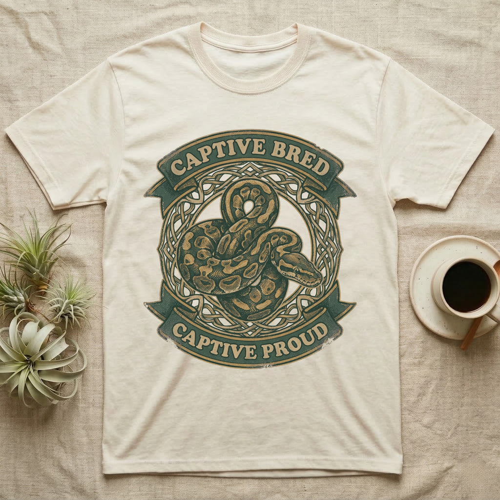 Ball Python Breeder Crest T-Shirt in Natural — Vintage heraldic crest of a coiled morph ball python with captive bred captive proud banner text.