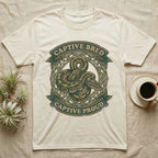 Ball Python Breeder Crest T-Shirt in Natural — Vintage heraldic crest of a coiled morph ball python with captive bred captive proud banner text.