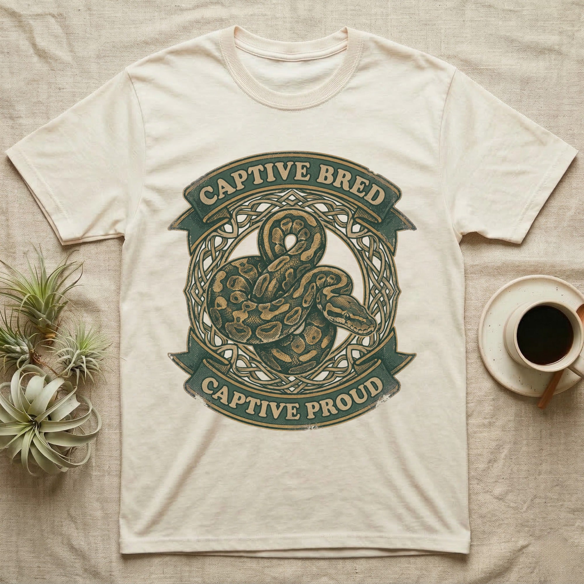 Ball Python Breeder Crest T-Shirt in Natural — Vintage heraldic crest of a coiled morph ball python with captive bred captive proud banner text.