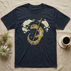 Dark t-shirt with illustration of a gecko climbing a bamboo stalk.